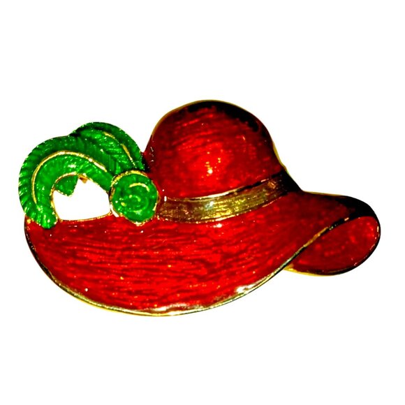 RED HAT VINTAGE Gold Silver Tone Brooches Rhinestones Enamel Ladies Society X2 - Picture 1 of 10